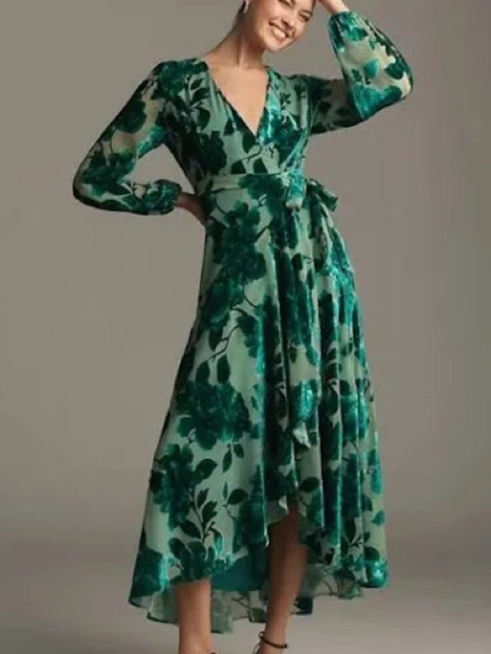 Anthropologie Hutch Wrap Dress Women Medium Green Velvet Floral Long Sleeve Midi